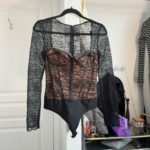 Cami NYC Black Lace Long-Sleeve Bodysuit with Brown Underlay